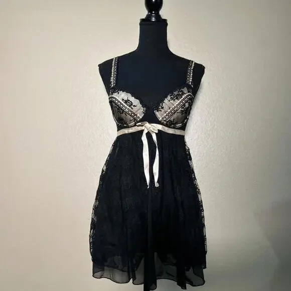 Delicates Black Cream Lace Babydoll Cottagecore Fairy Satin Bow Lingerie Dress - Picture 1 of 6